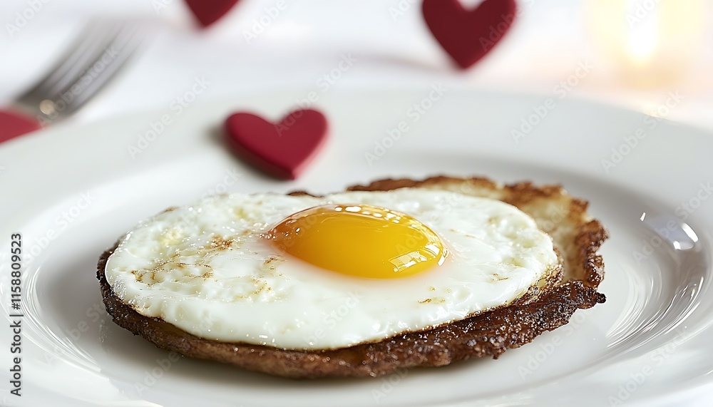 Fried egg on a crispy base, romantic setting with hearts. Fried egg on a crispy base, romantic setting with hearts.