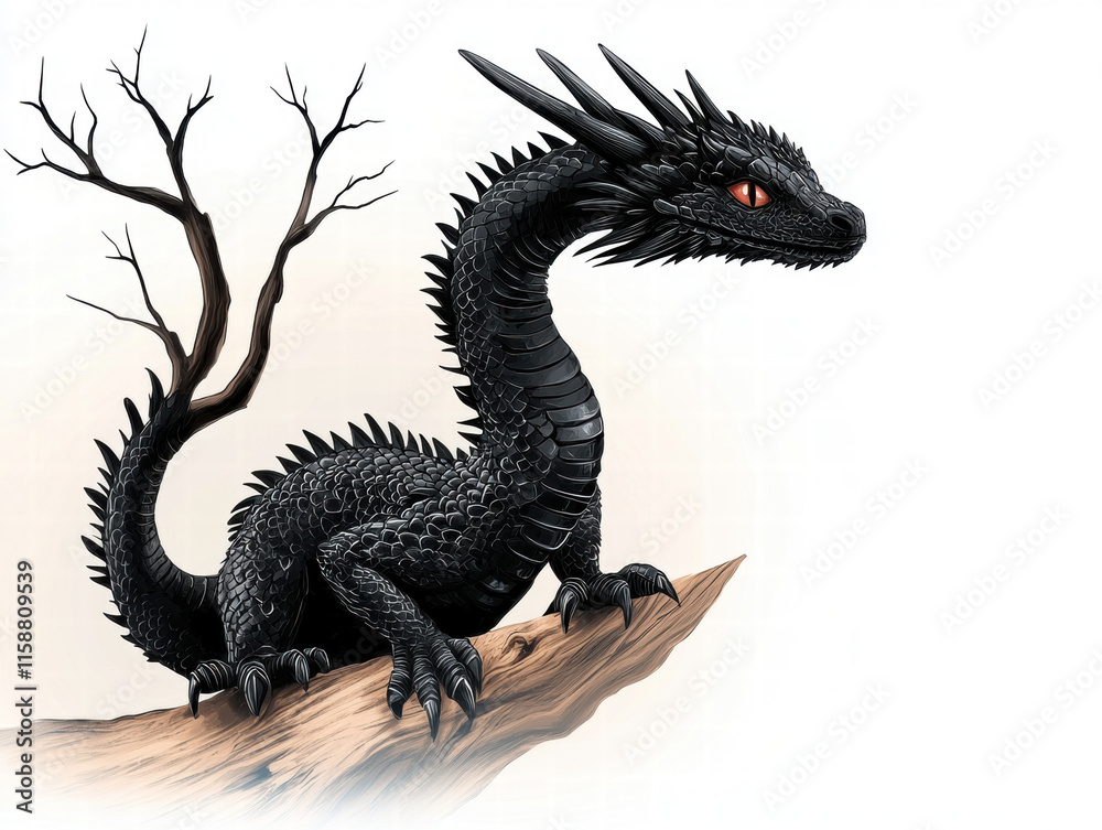 Fototapeta premium Chinese New Year. A black dragon with a tree branch background perched on a log.