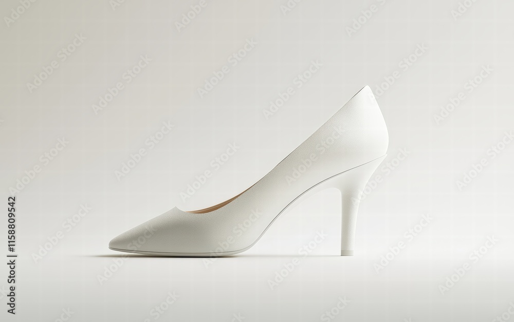 Elegant pump with minimalistic detailing floating against a crisp white background Elegant pump with minimalistic detailing floating against a crisp white background