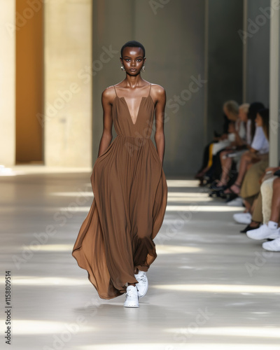 A runway model showcasing a flowing mocha mousse maxi dress with subtle draping, walking on a minimalist runway