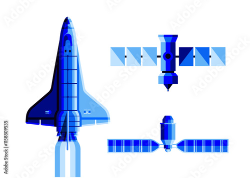 Set of illustrations of spaceships, voyager, orbital station, orbital module.