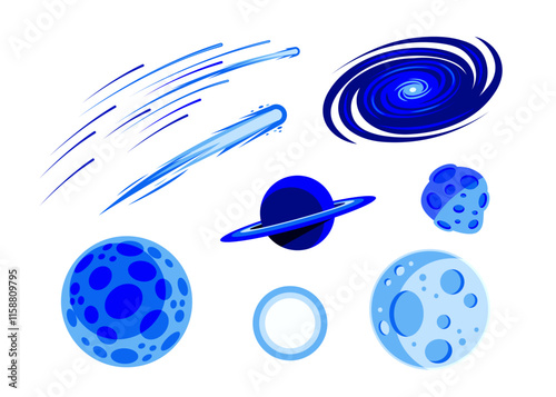 Set of illustrations of space objects, comet, meteors, planet, galaxy, asteroids.