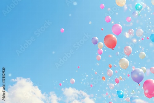 Colorful balloons floating against a bright blue sky create a cheerful and festive atmosphere on a sunny day. Generative AI photo