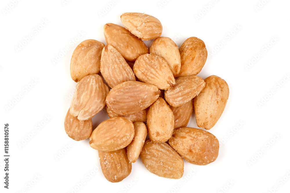 Blanched roasted almond nuts, isolated on white background. Blanched roasted almond nuts, isolated on white background.