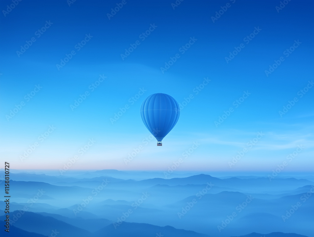 Fototapeta premium Hot Air Balloon Over Valley Rising Up in Breezy Sky Setting for Travel and Scenic Design Projects