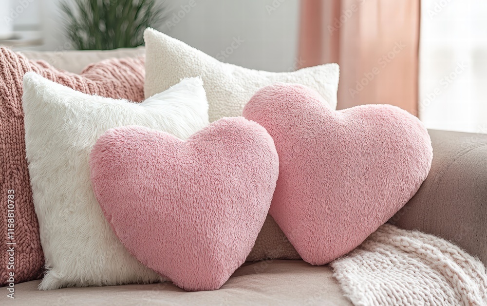 Heart-shaped pink and white throw pillows on a cozy couch for valentines day Heart-shaped pink and white throw pillows on a cozy couch for valentines day