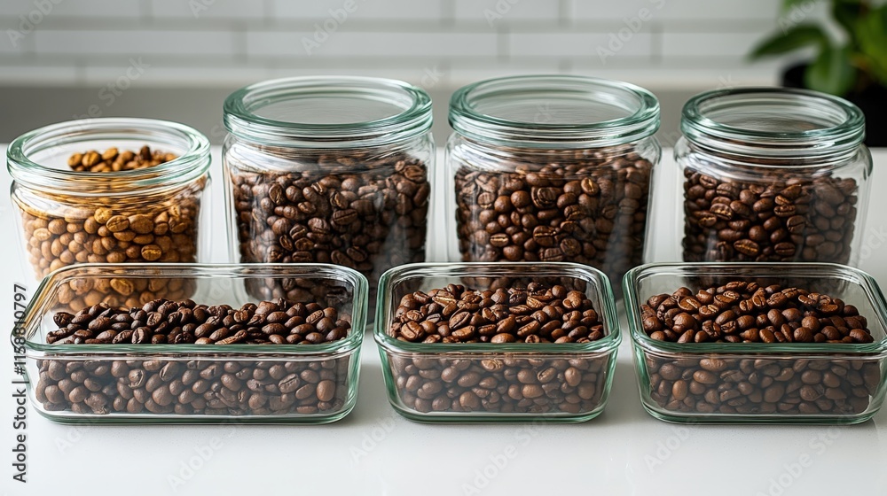 Elegant glass storage containers showcase a variety of coffee beans on a bright countertop Elegant glass storage containers showcase a variety of coffee beans on a bright countertop