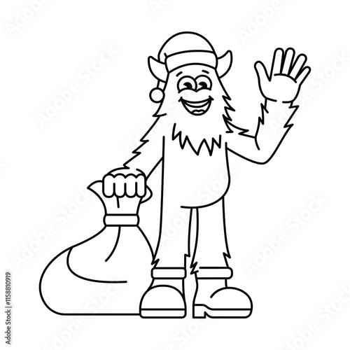 Yeti character with a bag of Christmas presents color line illustartion.