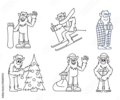 Yeti character: skiing, snowboarding, decorating a Christmas tree, with Christmas gifts color line illustartions.