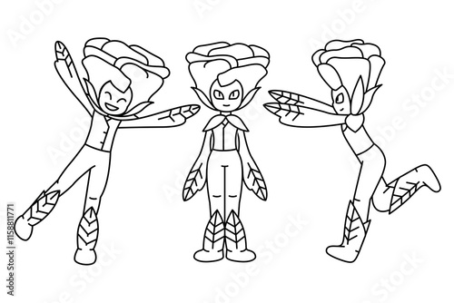 Cute fary tale characters flower color line illustration. Pose and emotions of the monsters.