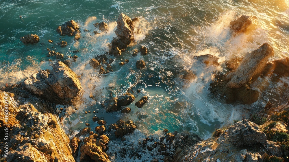 Aerial view of ocean waves crashing against rocky coast at sunset. Aerial view of ocean waves crashing against rocky coast at sunset.