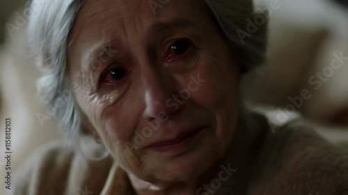 Senior woman with reddened eyes shedding tears, revealing deep emotional pain and profound sorrow through vulnerable facial expression conveying intense grief