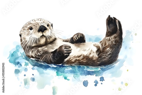 Charming Sea Otter in Watercolor: A Relaxing Coastal Scene photo