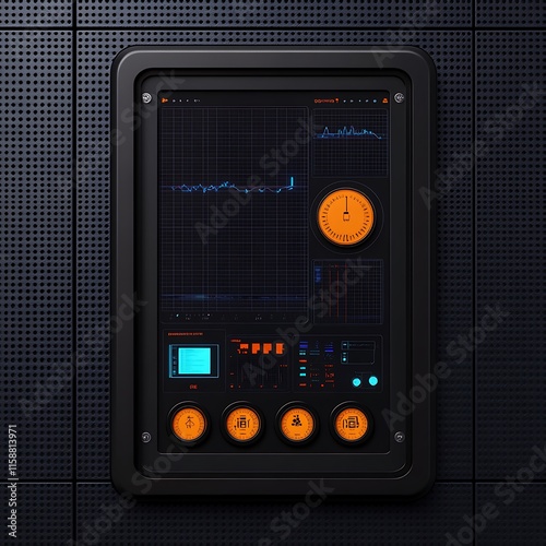 Futuristic digital control panel with various data displays and indicators mounted on a dark metallic wall. photo