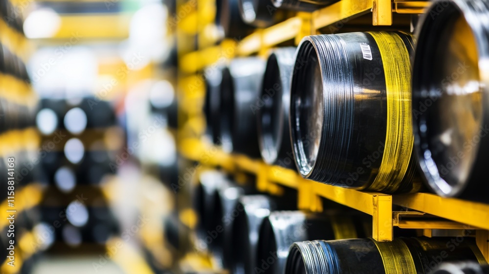 Obraz premium Oil barrels stacked in storage, symbolizing the global reliance on fossil fuels and the need for sustainable energy solutions.