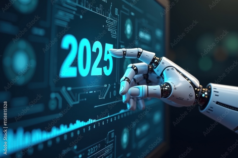 Robot Fingers Touching Digital Screen with 2025 Loading Bar. Generative AI Robot Fingers Touching Digital Screen with 2025 Loading Bar. Generative AI
