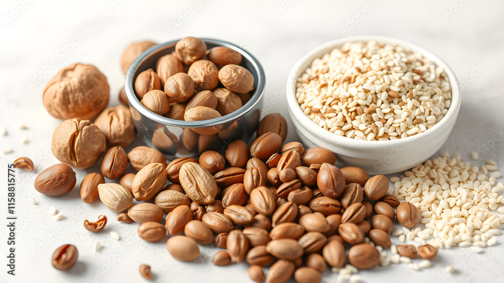 A bowl of nuts and a bowl of sesame seeds are on a table