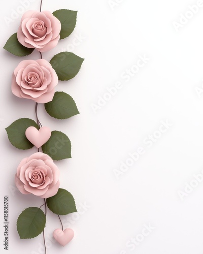 Wallpaper Mural A vertical arrangement of pink roses and green leaves, accented by heart shapes, creating a romantic and elegant design against a clean, white background. Torontodigital.ca