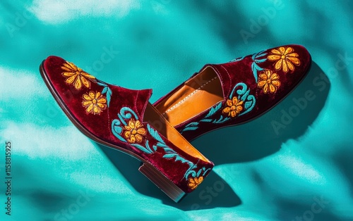 Velvet maroon loafer with intricate embroidery hovering against a vibrant teal background photo