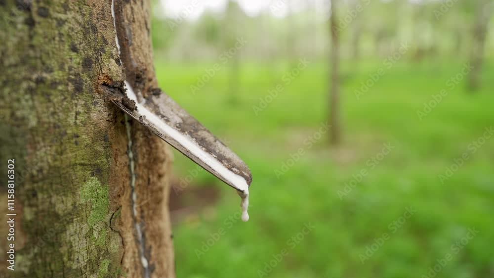 Nature white latex rubber dripping from tree on a plantation, harvest, slow motion shot Nature white latex rubber dripping from tree on a plantation, harvest, slow motion shot