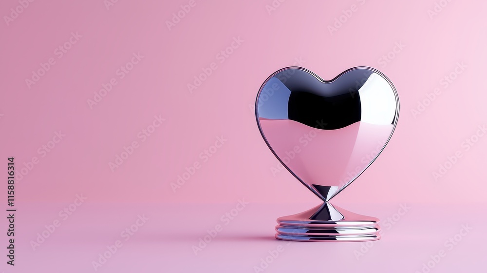 A shiny, metallic heart sculpture stands on a reflective base against a soft pink background, symbolizing love and affection. A shiny, metallic heart sculpture stands on a reflective base against a soft pink background, symbolizing love and affection.
