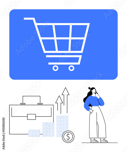 Shopping cart, business briefcase, ascending bar chart, and thoughtful woman. Ideal for e-commerce, business growth, online retail, financial success, market analysis economic trends and strategic