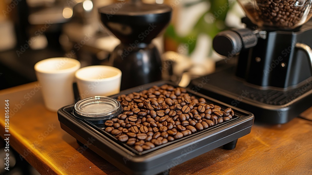 Measuring roasted coffee beans with precision in a cozy cafe setting Measuring roasted coffee beans with precision in a cozy cafe setting