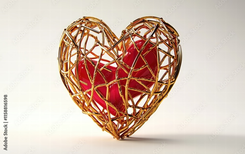 A 3D heart made of interconnected gold and red wires for valentines day