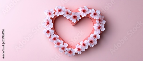 A heart shape made of delicate flowers against a soft pink background, symbolizing love and beauty.