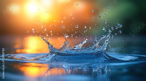 Water droplet crown splash at sunset. photo