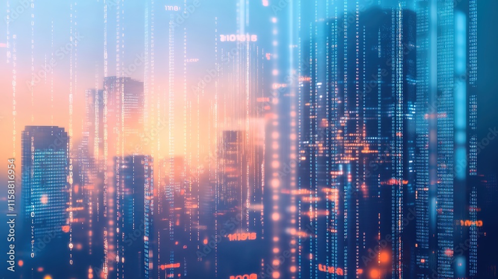 Digital cityscape with binary code and glowing lights, depicting the integration of technology in urban life. Digital cityscape with binary code and glowing lights, depicting the integration of technology in urban life.