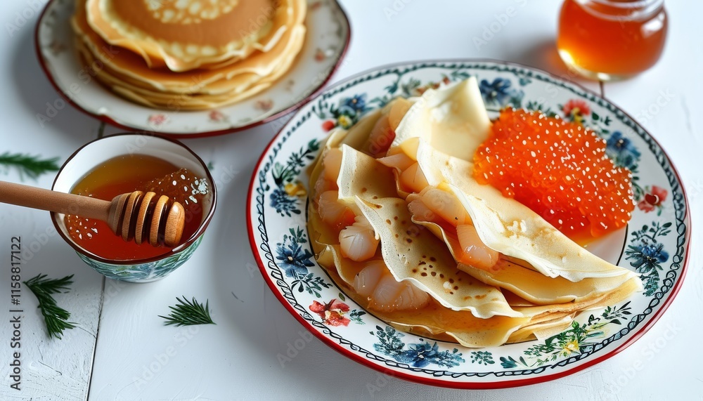 Traditional Russian Maslenitsa Pancakes with Caviar and Honey on Decorative Plate Traditional Russian Maslenitsa Pancakes with Caviar and Honey on Decorative Plate