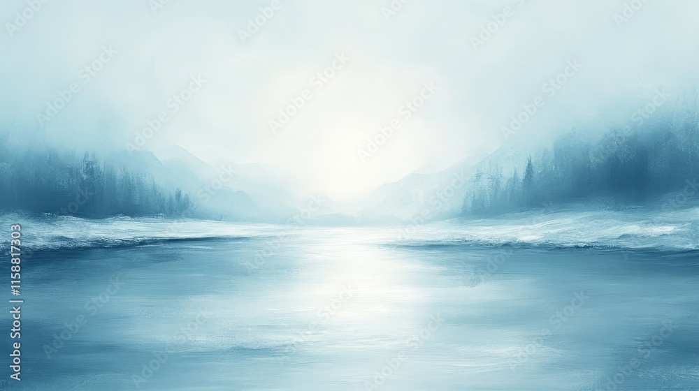 Naklejka premium Abstract winter landscape with blurred light blue background and soft, dreamy atmosphere. The snowfield ahead is out of focus, creating depth and an ethereal, tranquil scene for winter-themed designs.