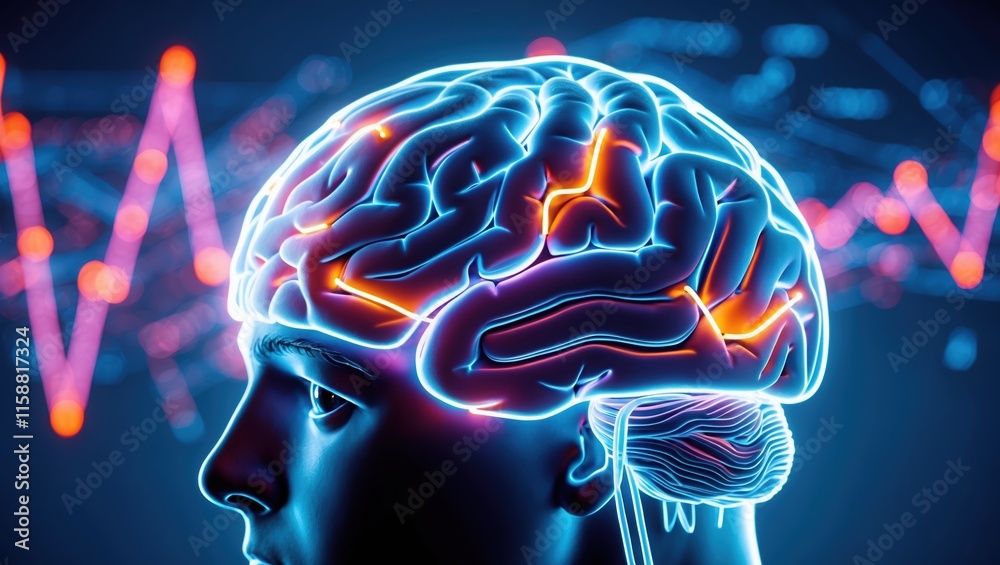 Obraz premium Neon-lit Human Brain: Neural Pathways & Data Visualization