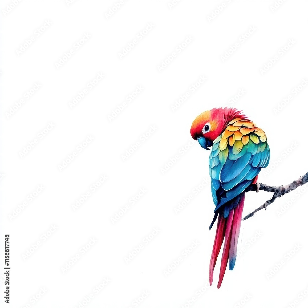 Obraz premium Bright parrot perched on a branch with vibrant colors and ample copy space for creative designs. Generative AI