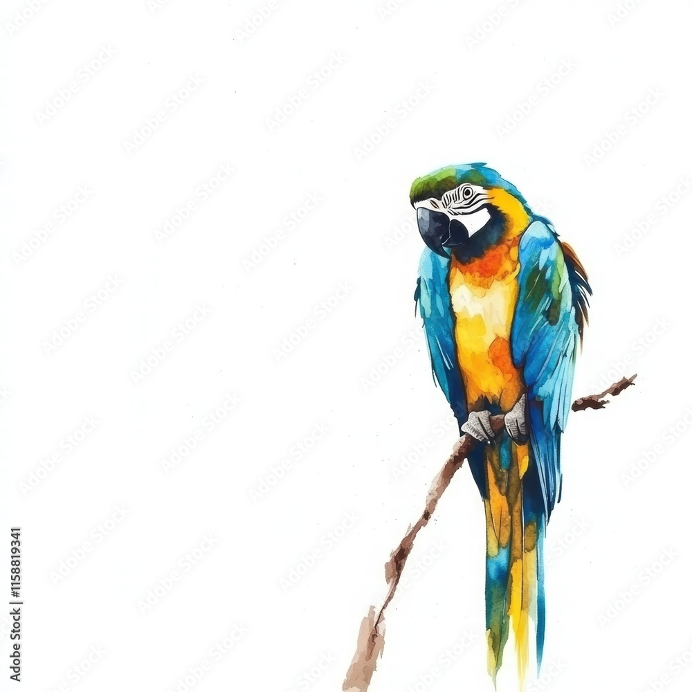 Fototapeta premium Bright parrot perched on a branch with vibrant colors and ample copy space for text integration. Generative AI