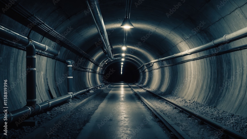 Dark underground railway tunnel with eerie lighting