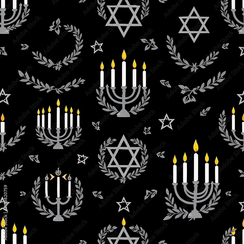 Hanukkah Seamless Pattern: Festive menorahs, Star of David, and olive branches on a dark background Hanukkah Seamless Pattern: Festive menorahs, Star of David, and olive branches on a dark background