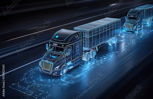 Futuristic semi-trucks driving on highway, digital wireframe overlay.