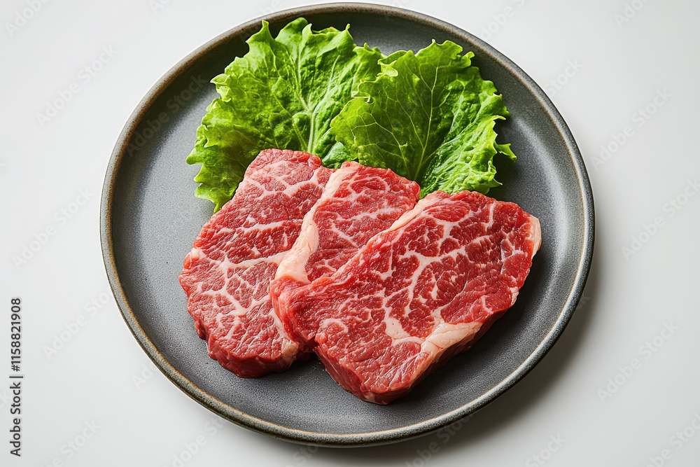 Fresh Raw Steak, Black Plate, Green Garnish on Clean Kitchen Background for High-End Restaurant or Steakhouse Context Fresh Raw Steak, Black Plate, Green Garnish on Clean Kitchen Background for High-End Restaurant or Steakhouse Context
