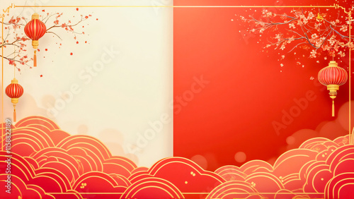 Chinese New Year Background, Chinese banner, Happy New Year 2025 poster. Dragon, 3d flowers, red background