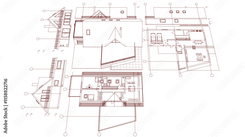 Fototapeta premium house architectural project sketch 3d illustration 