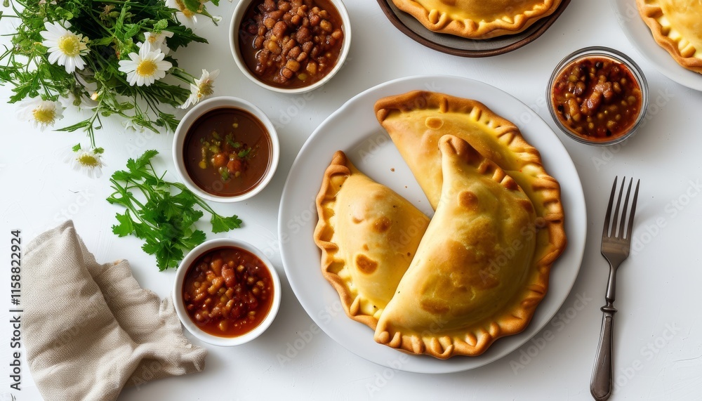 Top View of an Argentinian Empanada with Sauces and Fresh Garnish on a Table Top View of an Argentinian Empanada with Sauces and Fresh Garnish on a Table