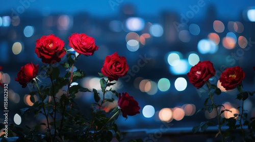 A dynamic display of red roses against a blurred cityscape at night, angled shot, Urban style
