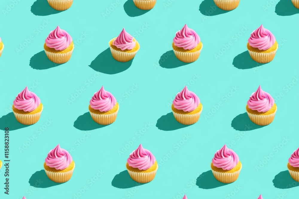 Seamless Isometric Pattern of Fluffy Golden Cupcakes with Pink Frosting Seamless Isometric Pattern of Fluffy Golden Cupcakes with Pink Frosting