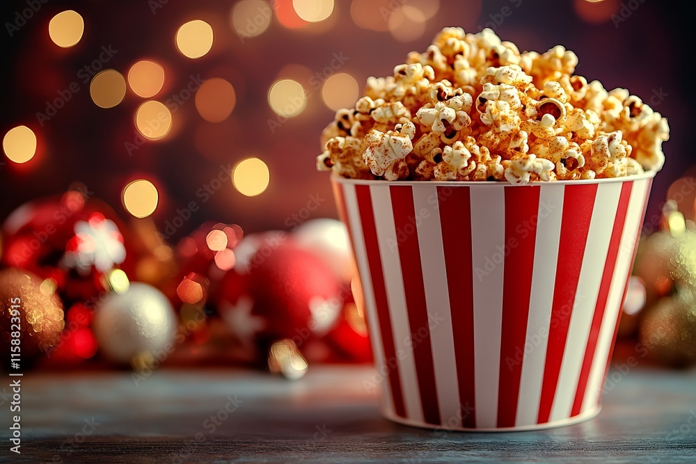 Red and white striped popcorn box sits on top of scattered popcorn popcorn flying christmas background A red bucket of popcorn placed on a table, surrounded by festive bokeh Christmas lights, Red and white striped popcorn box sits on top of scattered popcorn popcorn flying christmas background A red bucket of popcorn placed on a table, surrounded by festive bokeh Christmas lights,