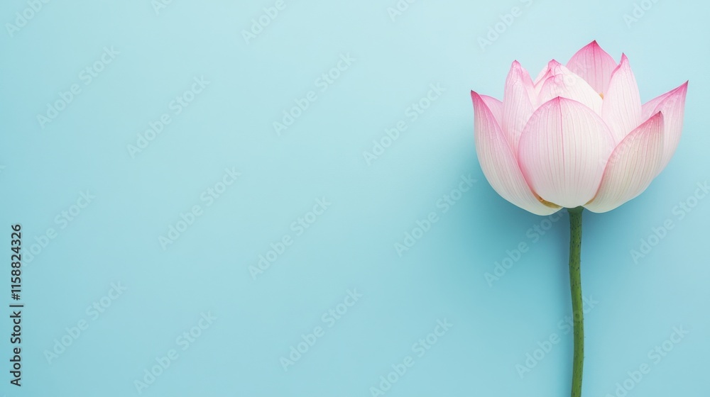 Fototapeta premium A fresh pink lotus on a serene blue backdrop, close-up shot, Minimalist style
