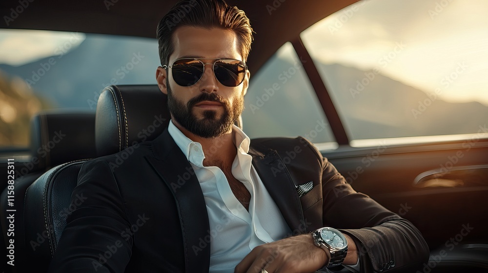 Confident Young Bearded Man in a Luxury Car Wearing Sunglasses at Sunset Confident Young Bearded Man in a Luxury Car Wearing Sunglasses at Sunset