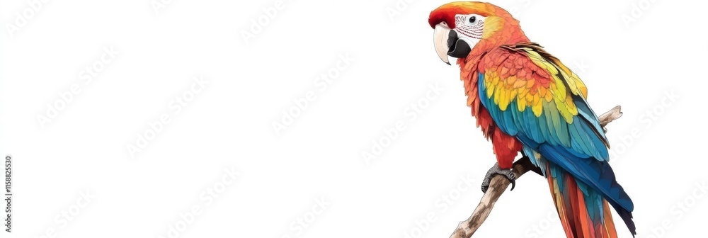 Fototapeta premium Bright parrot sitting elegantly on a branch with ample copy space for text creation. Generative AI