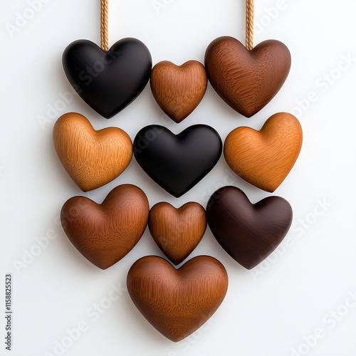 A collection of wooden hearts in various shades, artfully arranged to create a visually appealing and warm display.